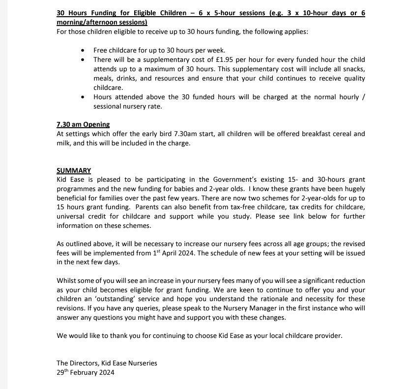 The letter went on to say parents claiming free hours would pay £1.95 per hour