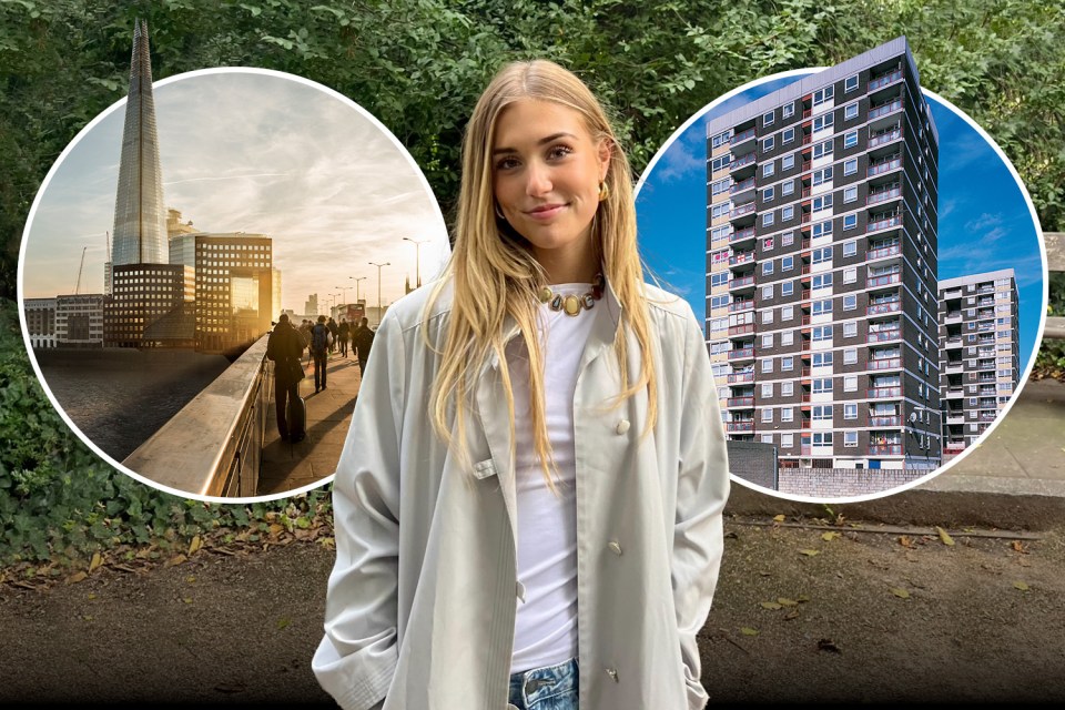 a woman is standing in front of a building and a bridge