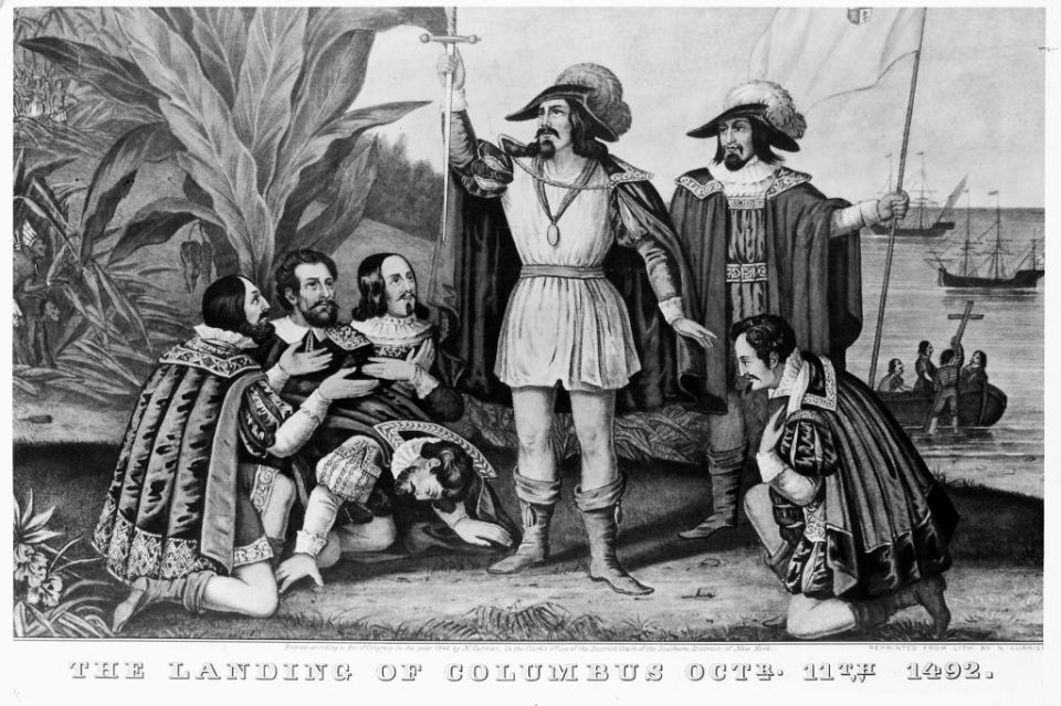 Currier and Ives print of Italian explorer Christopher Columbus landing in the West Indies