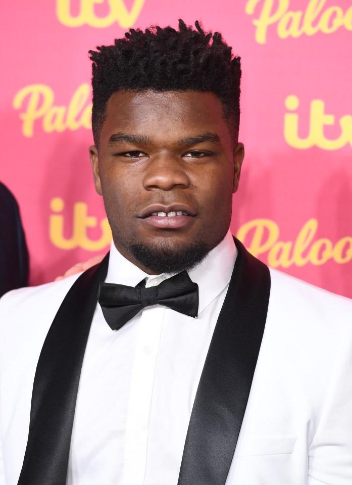 a man in a tuxedo and bow tie stands in front of a pink background that says paloo