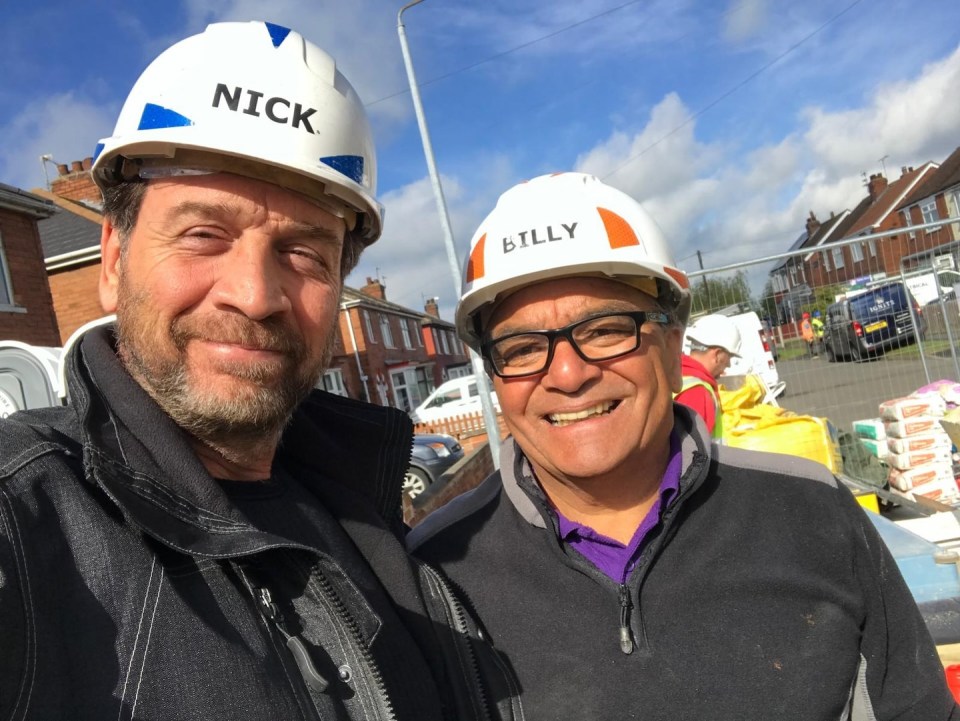 two men wearing hard hats that say nick and billy