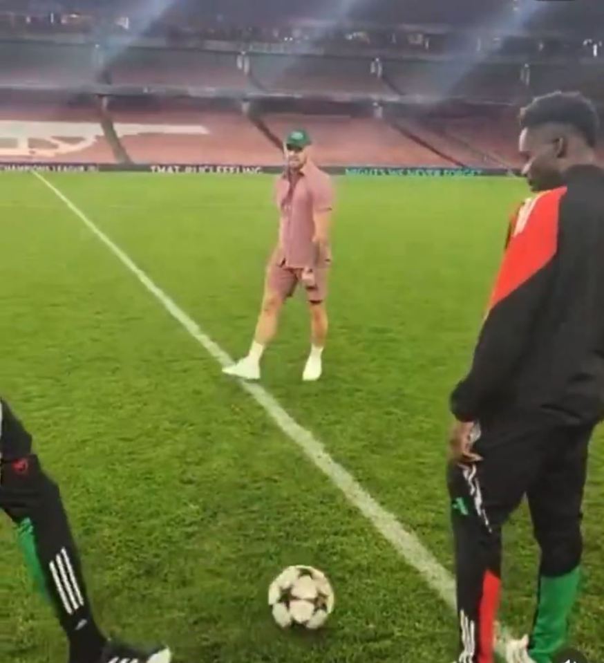 The UFC star enjoyed a kickabout with the England pair