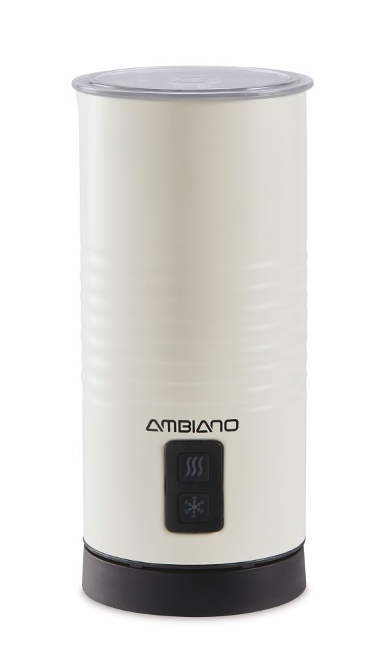 a white ambiento milk frother with a black button