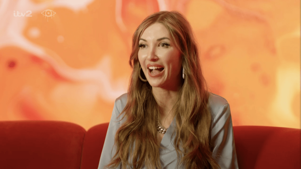 a woman sitting on a red couch with itv2 written on the bottom