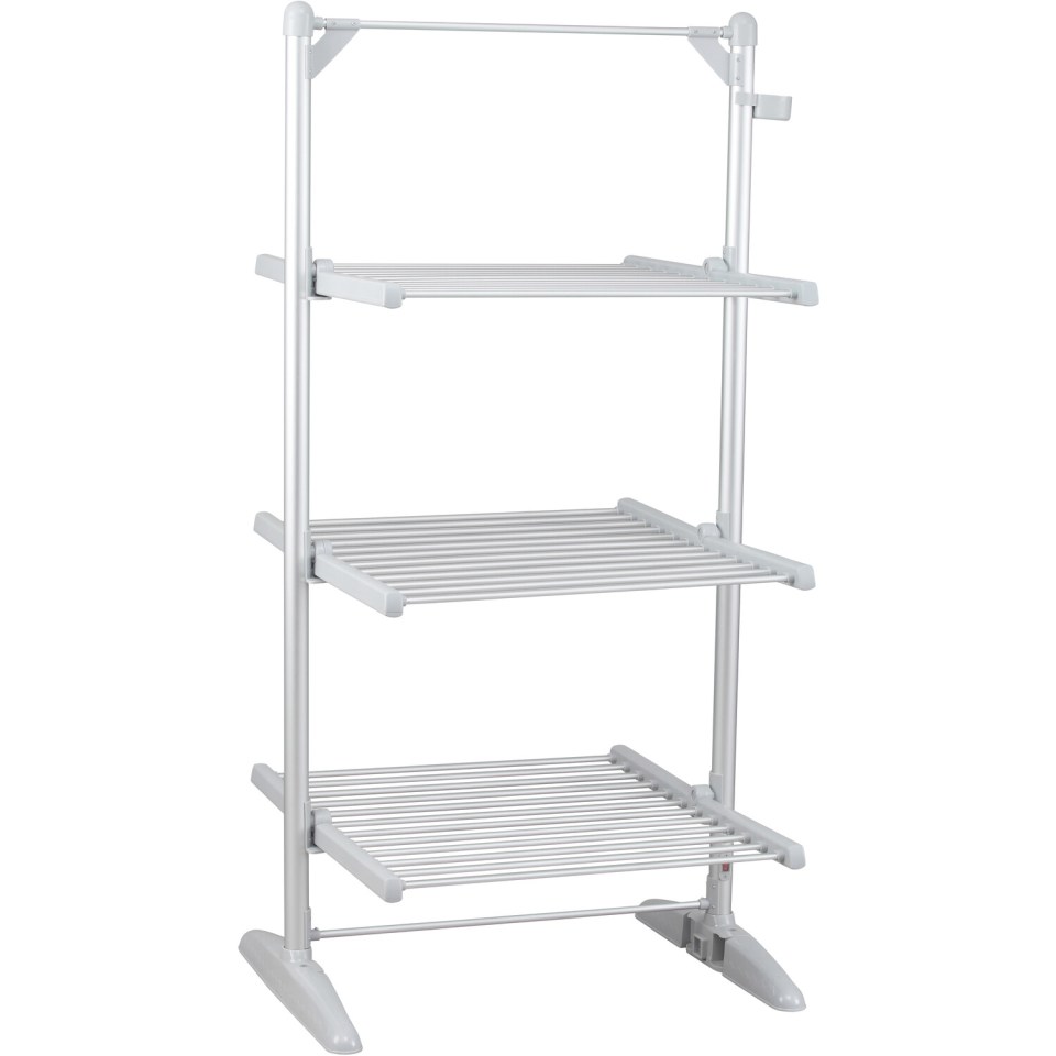 a clothes drying rack with three shelves on a white background