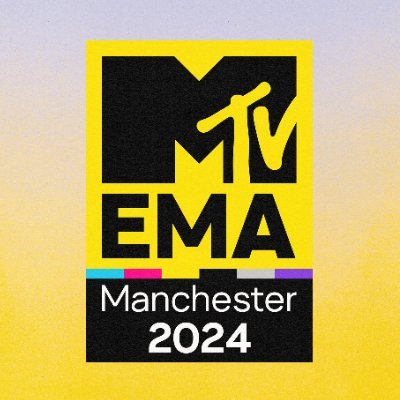 the logo for the mtv ema manchester 2024 is yellow and black .