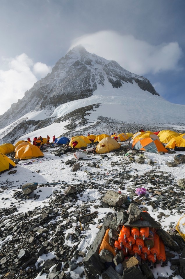 The base camp and trails are littered with tents and oxygen tanks as trekkers make their way up the mountain