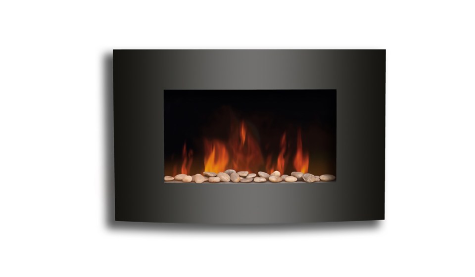 a wall mounted fireplace with rocks and flames