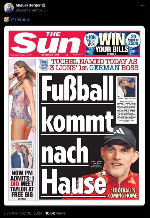 Diplomat Miguel Berger retweeted The Sun's front page with the headline 'Football’s coming home' translated into German