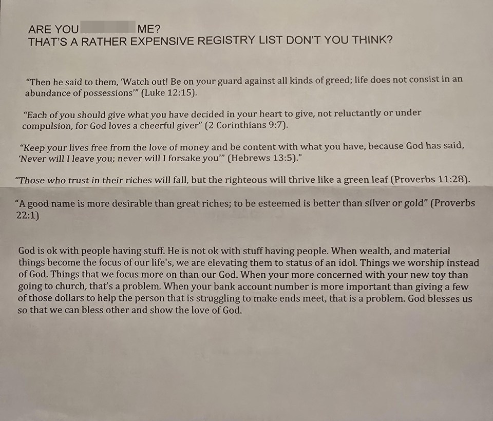 A bride was shocked to receive this anonymous letter criticising her registry list