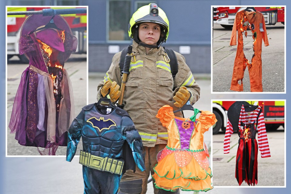 Fire fighter Elysia White with five of the costumes we tested