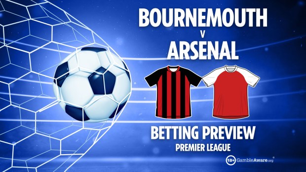 a poster for bournemouth v arsenal shows a soccer ball and jerseys