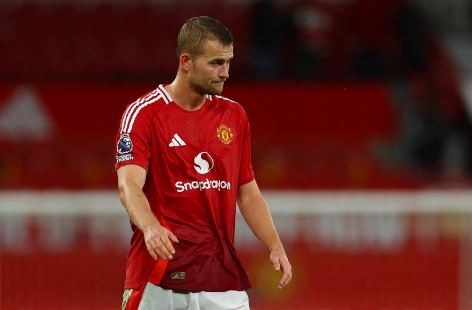 Soccer Football - Premier League - Manchester United v Tottenham Hotspur - Old Trafford, Manchester, Britain - September 29, 2024 Manchester United's Matthijs de Ligt looks dejected after the match REUTERS/Molly Darlington EDITORIAL USE ONLY. NO USE WITH UNAUTHORIZED AUDIO, VIDEO, DATA, FIXTURE LISTS, CLUB/LEAGUE LOGOS OR 'LIVE' SERVICES. ONLINE IN-MATCH USE LIMITED TO 120 IMAGES, NO VIDEO EMULATION. NO USE IN BETTING, GAMES OR SINGLE CLUB/LEAGUE/PLAYER PUBLICATIONS. PLEASE CONTACT YOUR ACCOUNT REPRESENTATIVE FOR FURTHER DETAILS..