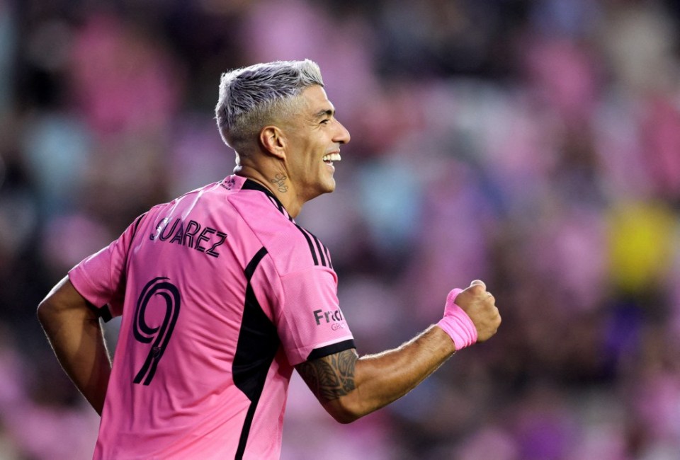 Oct 19, 2024; Fort Lauderdale, Florida, USA; Inter Miami CF forward Luis Suarez (9) celebrates scoring during the first half against the New England Revolution at Chase Stadium. Mandatory Credit: Sam Navarro-Imagn Images TPX IMAGES OF THE DAY