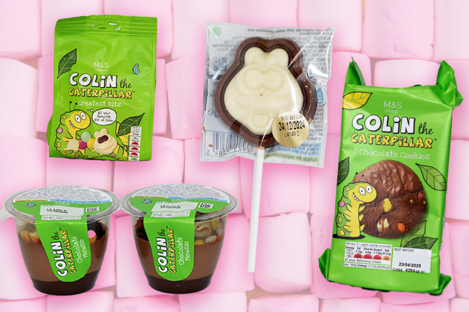 a variety of colin the caterpillar products are displayed