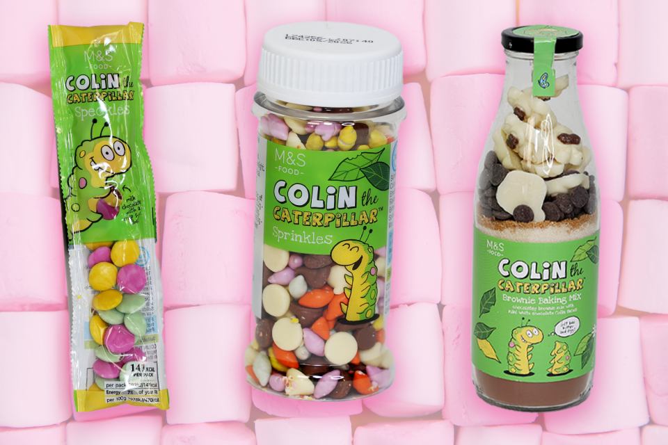 a bottle of colin the caterpillar brownie baking mix