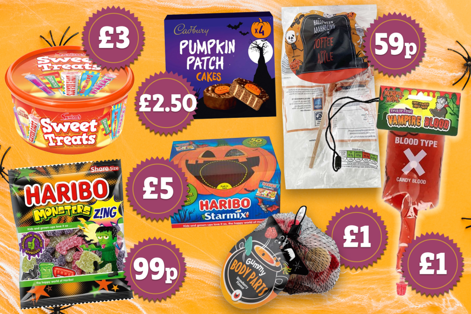 a variety of halloween candy including haribo starmix and cadbury pumpkin patch cakes