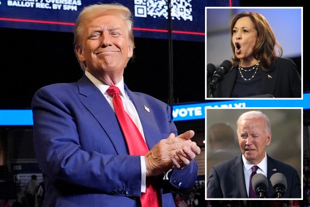 Composite image of Donald Trump, Kamala Harris, and Joe Biden.