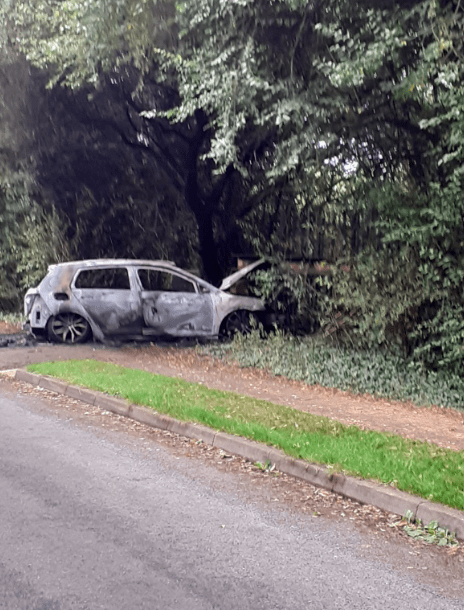 A white Volkswagen Golf had been torched near the film studios