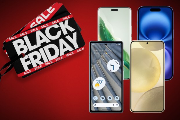 several phones are displayed in front of a black friday sale sign