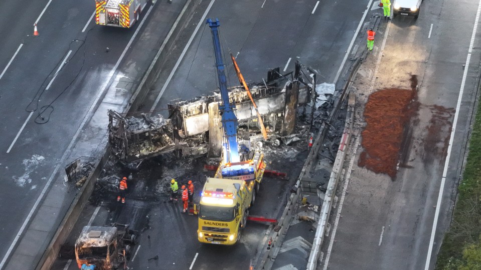 The charred remains of what is left of the lorry