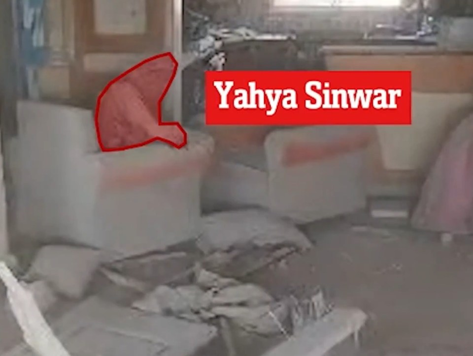 a room with a sign that says yahya sinwar