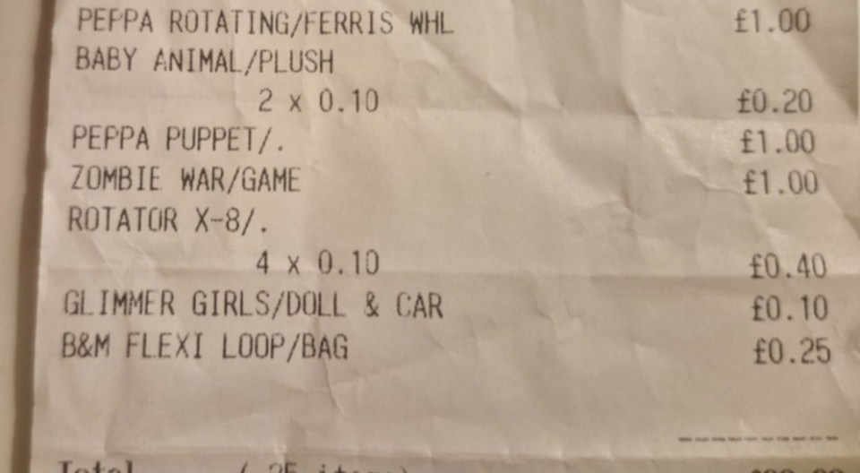 a receipt for peppa rotating and ferris whl baby animal plush