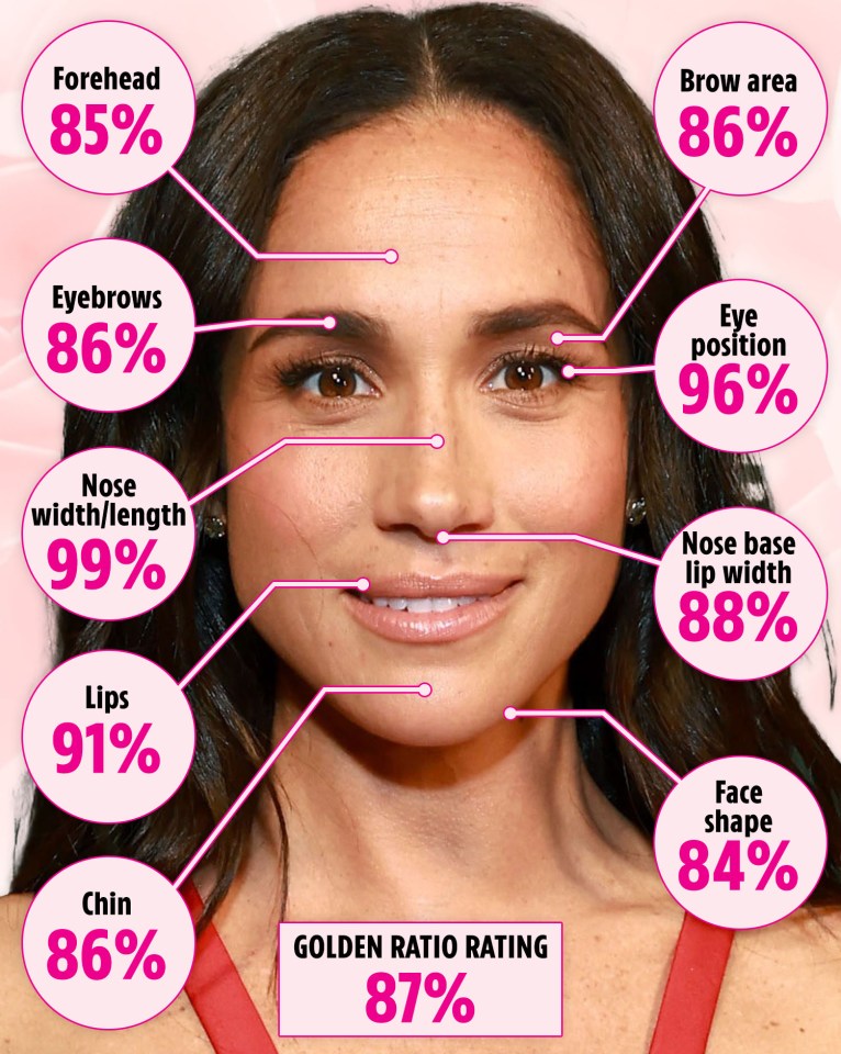 The Duchess of Sussex at 87 per cent overall and near perfect with her nose length