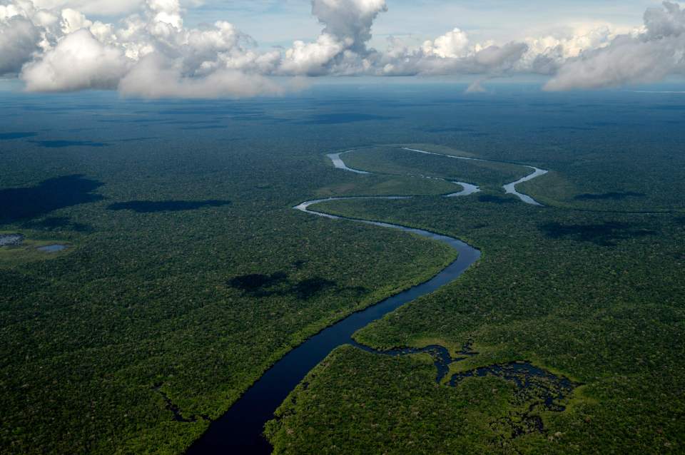 Aerial view of the Amazon rainforest taken from a plane flying from the city of Manicore to Manaus, Amazonas State, Brazil