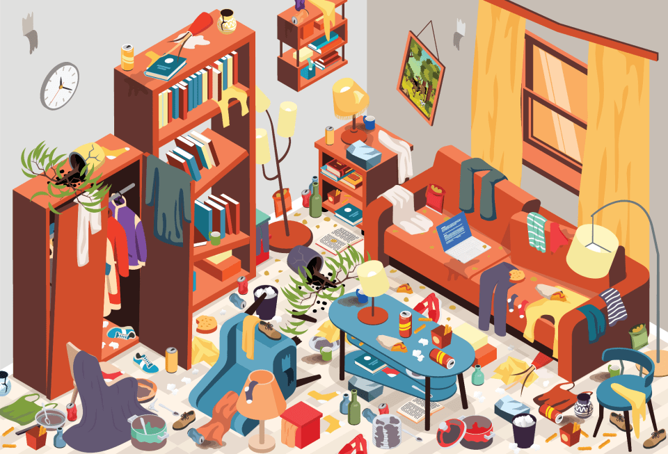 Can you spot fragments from the broken flower pot in this messy living room?