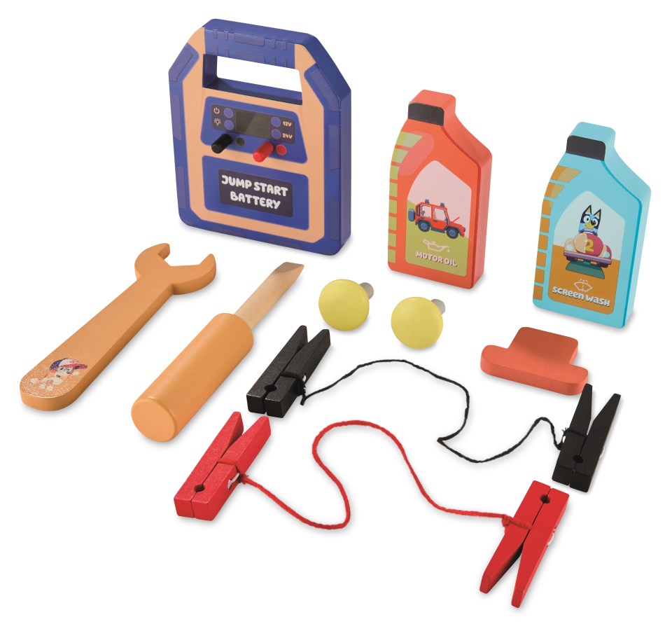 This Wooden Mechanic Set (£19.99), has a jump start battery, power leads, bulbs, tyres, windscreen wash, motor oil and engine parts