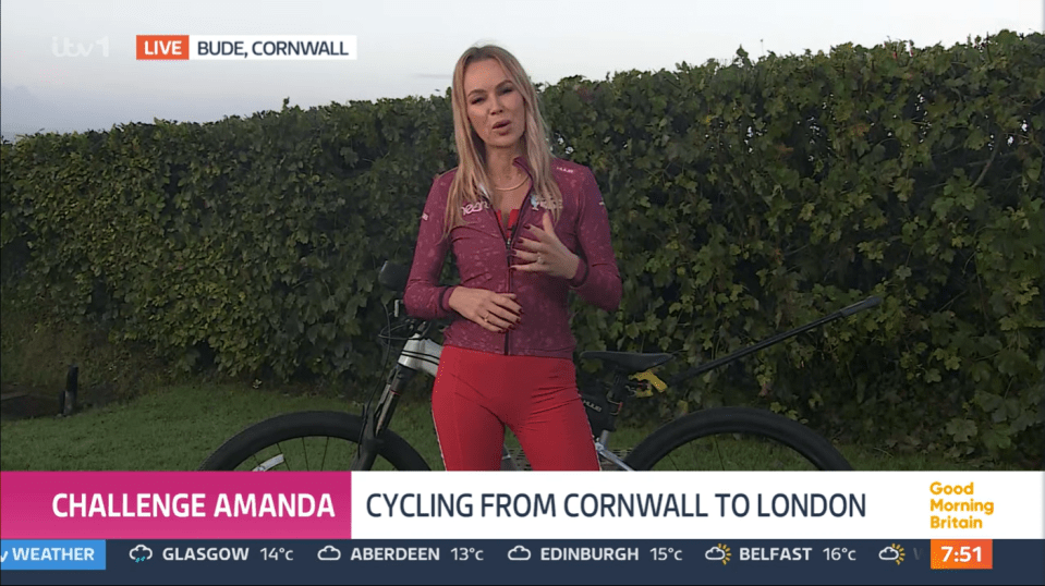 a woman standing next to a bicycle with the words challenge amanda cycling from cornwall to london