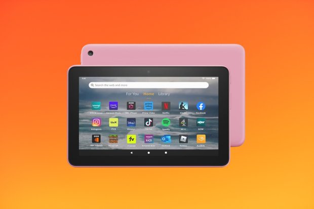 a purple tablet is open to the home page