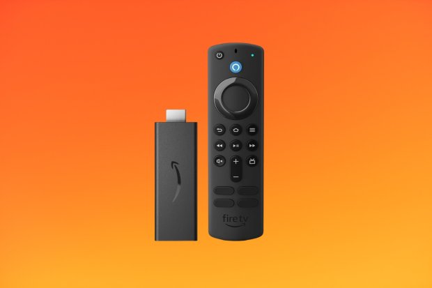 an amazon fire tv stick and remote on an orange background