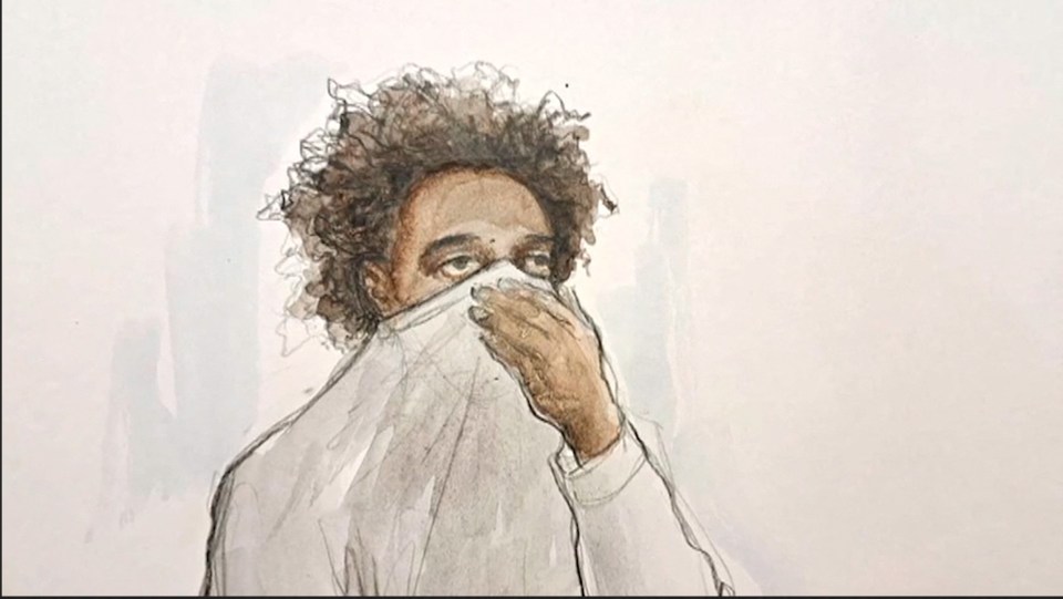 a drawing of a man covering his face with his hand