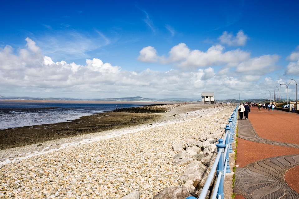 a group of people walking along a walkway near the ocean