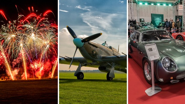 fireworks a plane and a car are shown in a collage