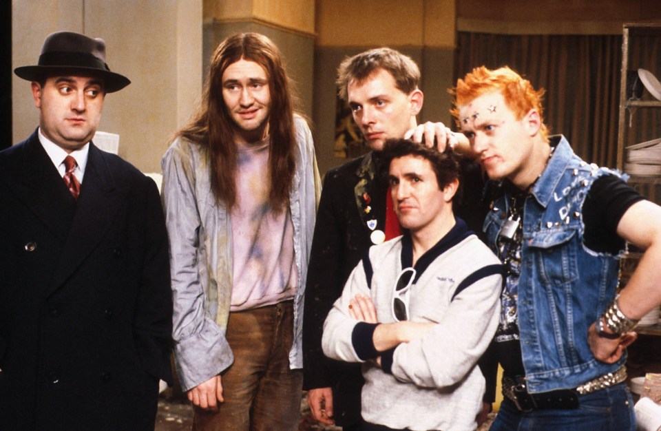 The Young Ones with Alexei Sayle, Nigel Planer, Rik Mayall, Christopher Ryan, and Adrian Edmondson