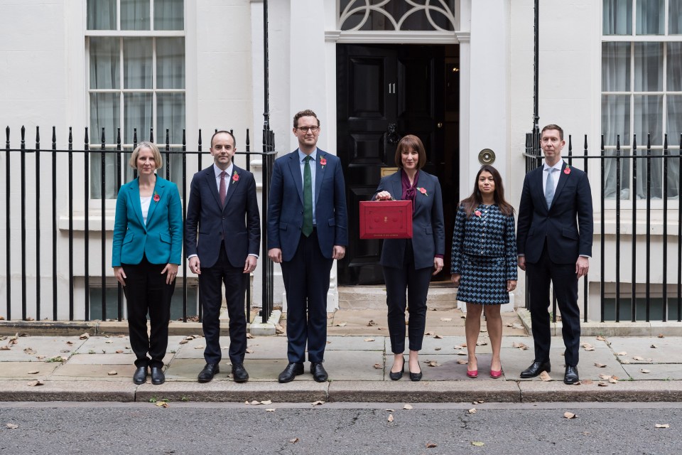 Reeves holds the red Budget box with HM Treasury Ministers ahead of the announcement