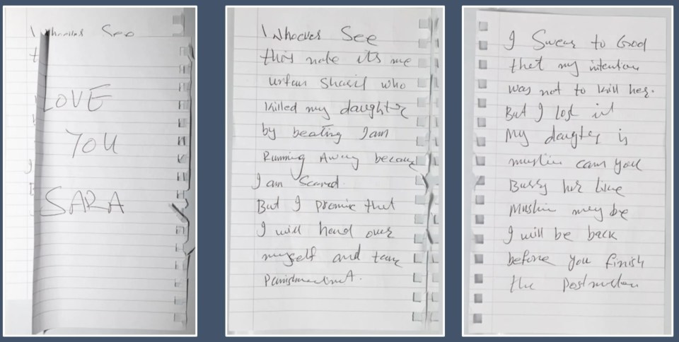 The handwritten notes found next to Sara's body