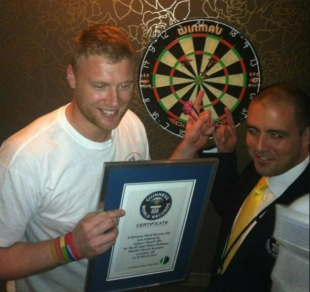 Freddie holds a 2012 darts world record — for the longest distance to throw a bullseye