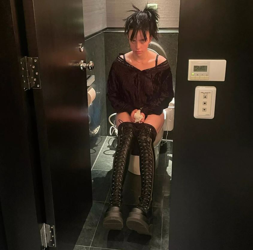 Billie Elish, pictured, clutched a handful of tissue while sitting on the toilet