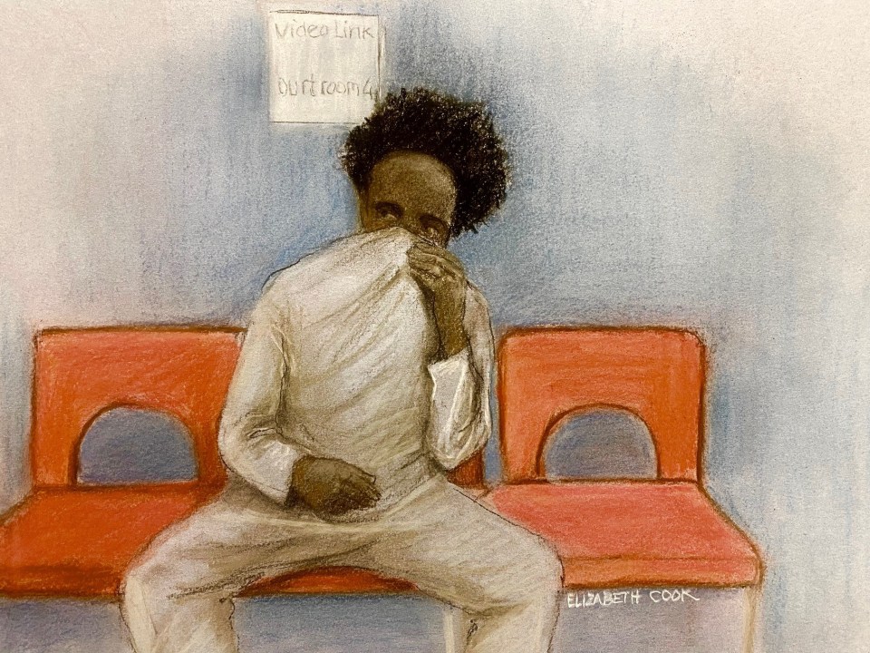 a drawing of a man sitting in front of a sign that says video link courtroom