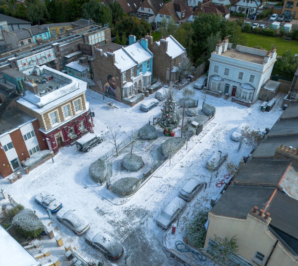 Drone shots showed the set covered in a light dusting of snow on Friday