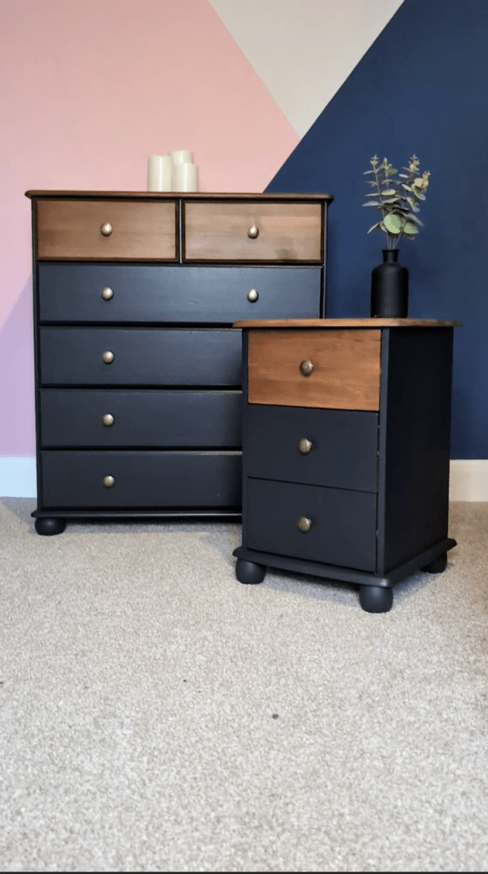 a dresser and nightstand in a room with a pink and blue wall