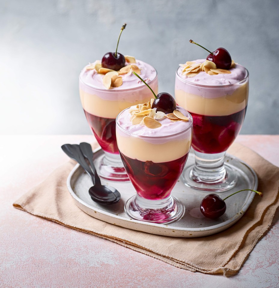 Serve these simple Bakewell trifles with some almonds and a cherry on top