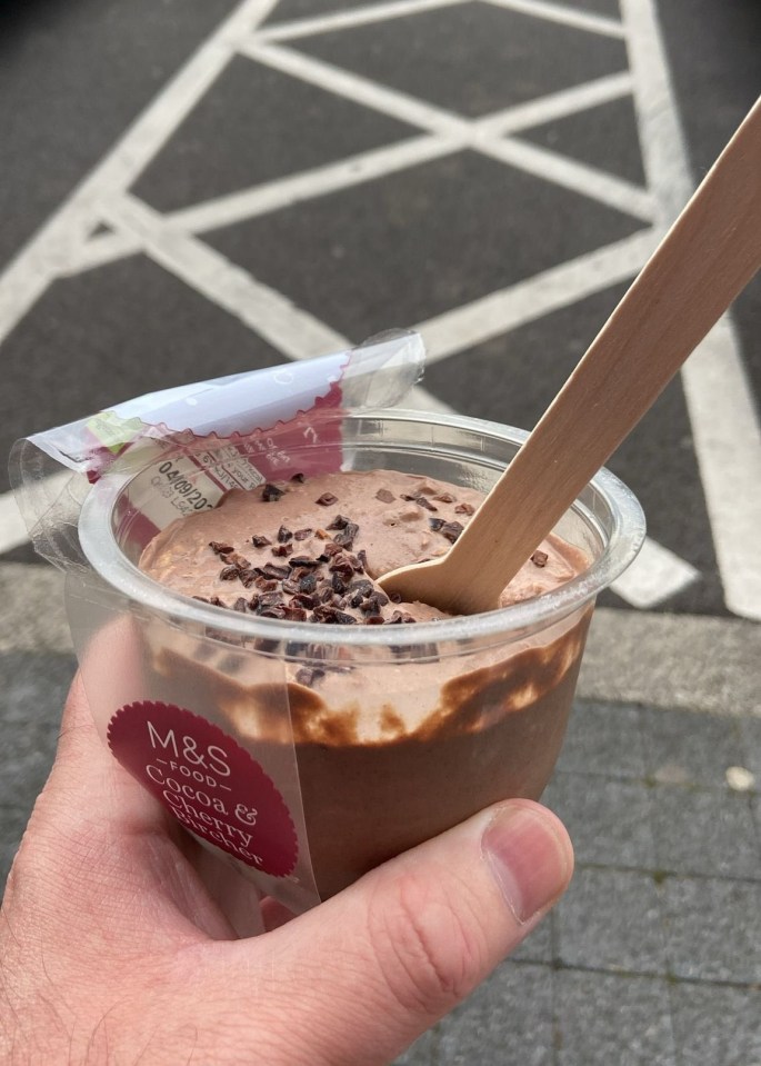 a person is holding a cup of chocolate pudding with a wooden spoon