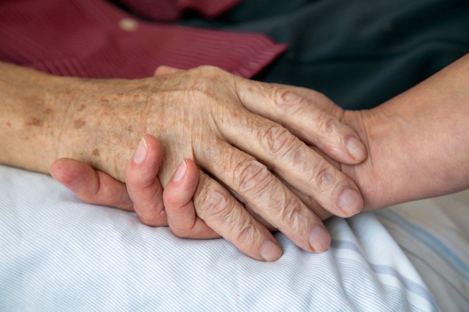 a person holding an older person 's hand on a bed