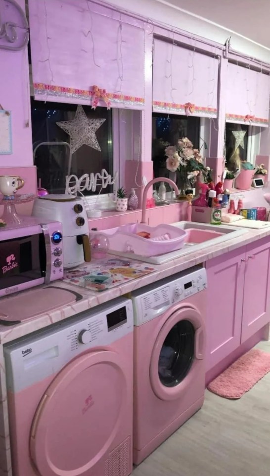 The kitchen has a pink washing machine and tumble dryer