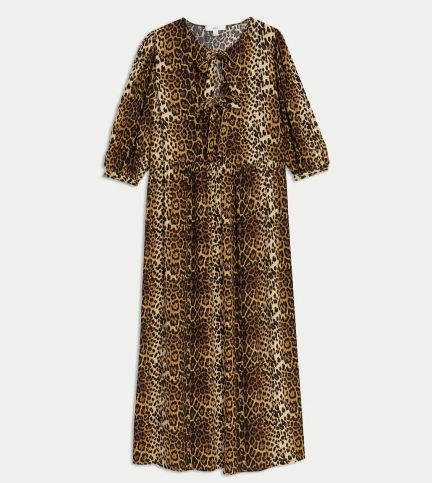 a leopard print dress with short sleeves on a white background